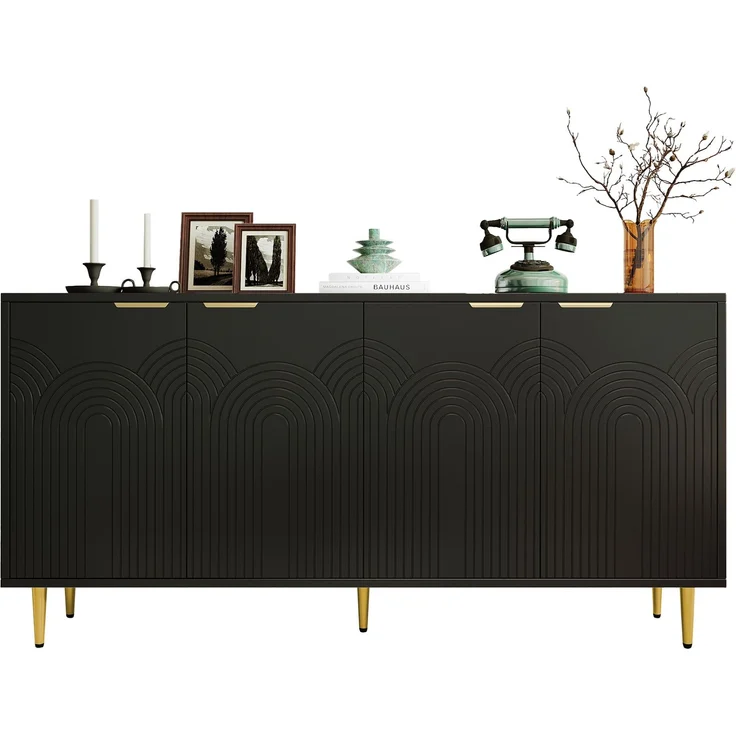 DESVIAE Sideboard mit 4 Türen und verstellbaren Einlegeböden 160x80x40 cm MDF Spanplatte Schwarz – Bild 7