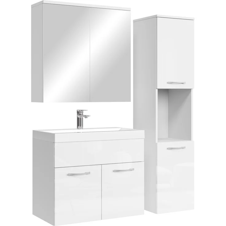 Badplaats Badmöbel Komplettset Montreal 60x35 cm Weiß Hochglanz - Badezimmermöbel mit Waschbecken, Spiegelschrank und Badezimmerschrank – Bild 1