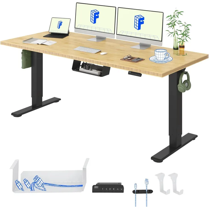 FLEXISPOT Höhenverstellbarer Schreibtisch mit 2 Motoren und einteiliger Tischplatte – Ergonomischer Bürotisch, 180x80 cm, Bambus-Tischplatte (19 mm), schwarzes Gestell