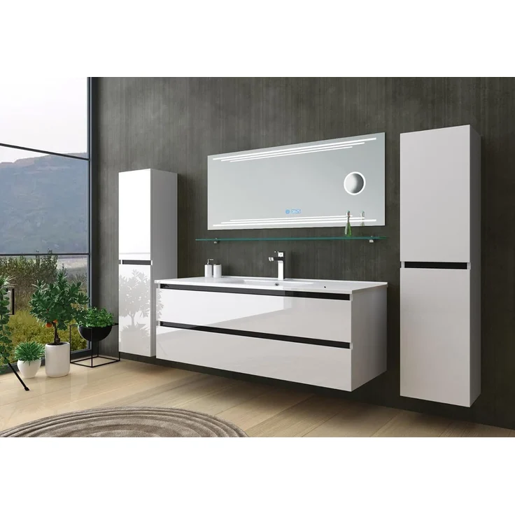 Homeline Badmöbel Set Weiß Dennis Hochglanz 90cm Spiegel incl LED (90, 6, 2X Seitenschrank) – Bild 2