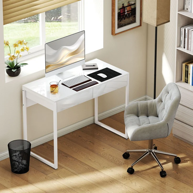 Schreibtisch mit 2 Schubladen, Computertisch 100 x 50 cm, moderner Schreibtisch mit Stahlgestell, für kleine Räume, Hochglanzweiß – Bild 10