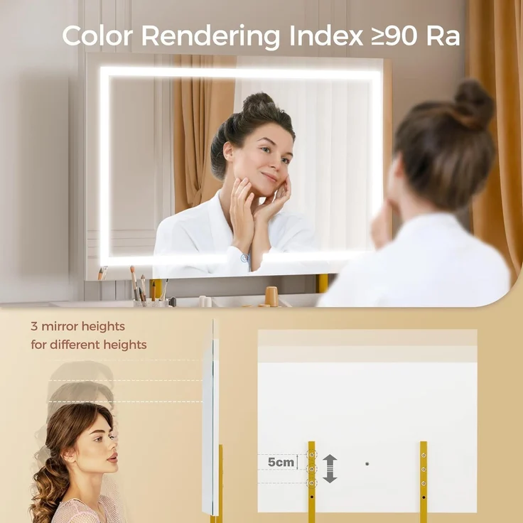 Mondeer Schminktisch mit Spiegel und Hocker, Schlafzimmer Frisiertisch mit 3 Farben LED-Beleuchtung 2 Schubladen 2 Schmuckkasten und 3 offenen Fächern, für Schlafzimmer, Weiß und Gold – Bild 5