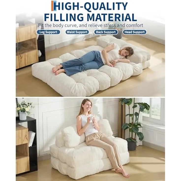 GarveeHome 3-in-1 Klappbares Schlafsofa mit Kissen – Faltbare Matratze & Rückenstütze – Komfortabler, tragbarer Doppelsitzer für Wohnzimmer & Studentenwohnheim – Platzsparendes Bodensofa – Maße: