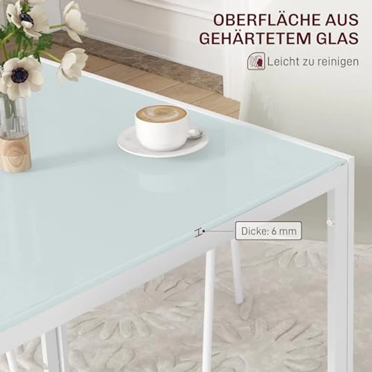 HOMCOM Esstisch für 4 Personen, aus Hartglas (Esszimmertisch, 1-St, Küchentisch), bis 80 kg belastbar, für Küche, Esszimmer, 75 x 75 x 75 cm, Weiß – Bild 5