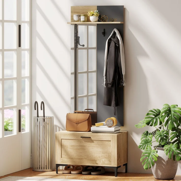 MELAYR, Garderobenset für Eingangsbereich, Schuhbank, Spiegel, 3 Haken, Offenes Regal, 60 x 13.5 x 127.5 cm, Naturholz – Bild 4