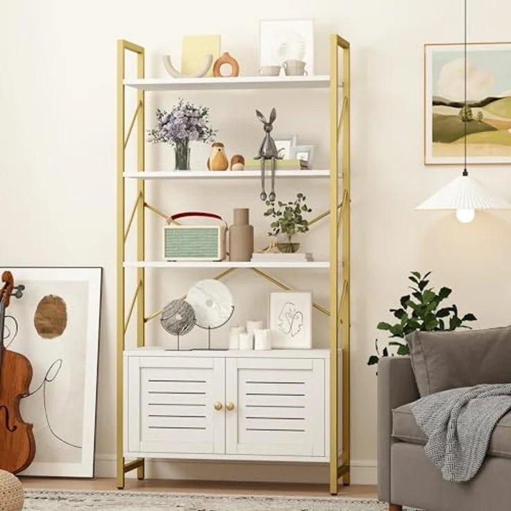 DWVO Bücherregal, Weiß & Gold, 5 Regalböden, Aufbewahrungsschrank mit Türen, modernes Bücherregal für Büro & Zuhause, kompaktes Ausstellungsregal, langlebiges Design – Bild 4