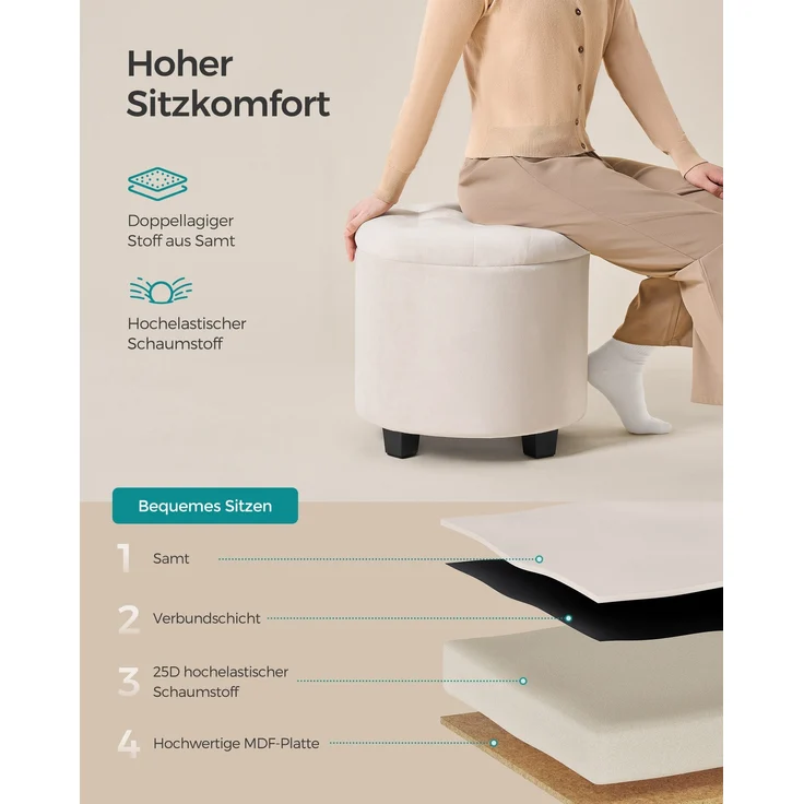 SONGMICS Sitzhocker rund, Fußhocker mit Stauraum, Schminkhocker mit Füßen, 45 x 45 x 44,5 cm, Samt, bis 150 kg belastbar, für Wohnzimmer Schlafzimmer, cremeweiß – Bild 5
