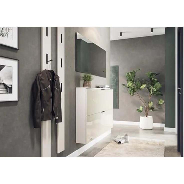 XXXL Schuhschrank Valega, Kaschmir, hängend oder stehend, 4 Schuhroste für bis zu 12 Paare, 140x85x19 cm, glänzende Glasfront – Bild 2