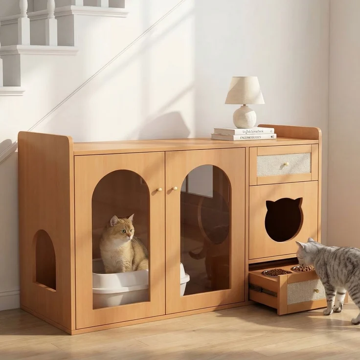 Mehrzweckiges Katzenhaus & Katzenkloschrank – haustiertierfreundlicher Beistellschrank mit Futterschalen, Katzenruheraum, Lagerbereich (ohne Katzenklo & Katzenkissen), Nussbaumfarben, 120x45x83 cm – Bild 2