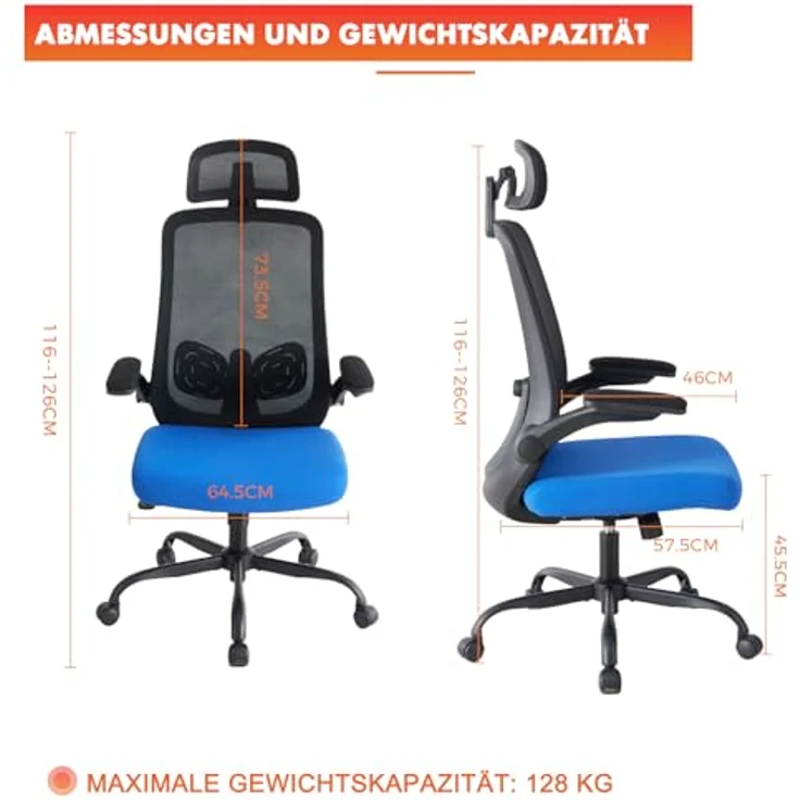Sweetcrispy Ergonomischer Bürostuhl mit Kopfstütze & verstellbaren Armlehnen – höhenverstellbar, 360° drehbar, Gaming & Schreibtischstuhl für Homeoffice & Büro, Schwarz/Blau – Bild 4