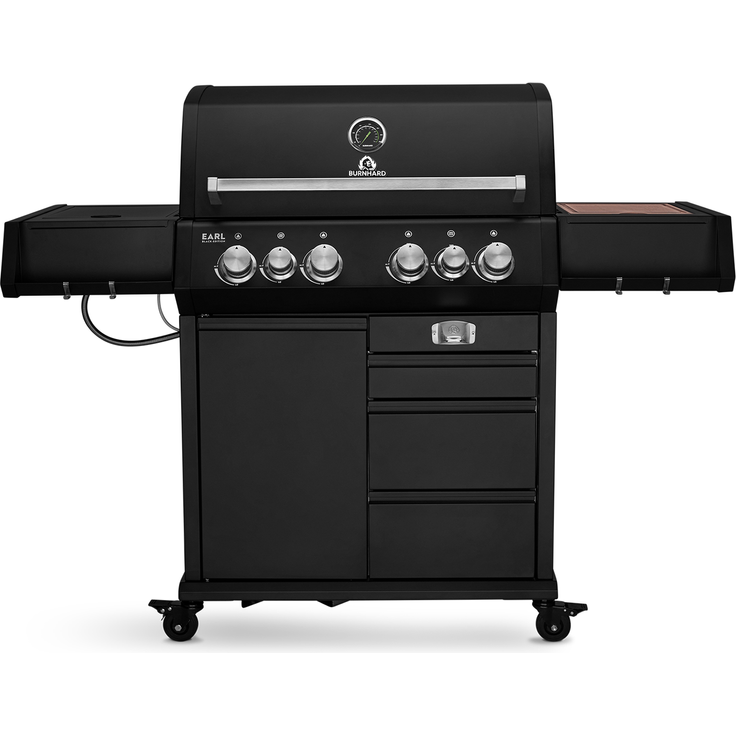 BURNHARD® 4-Brenner Gasgrill Edelstahl inkl. Heckbrenner, mit Gusseisen Grillrost & inkl. stabiler Abdeckhaube, Seitenkochfeld mit Infrarot Keramikbrenner, Schwarz - Big EARL - Schwarz - #946399