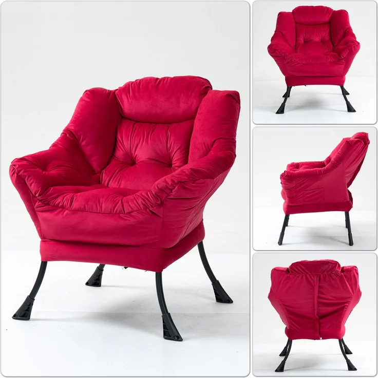 Wohnora-Lazy Chair, Relaxsessel mit Metallgestell und Seitentasche, schlichter, bequemer Sessel für Schlafzimmer, Wohnzimmer und Balkon, H 85 cm x T 75 cm x B 80 cm, Ziegelrot – Bild 2