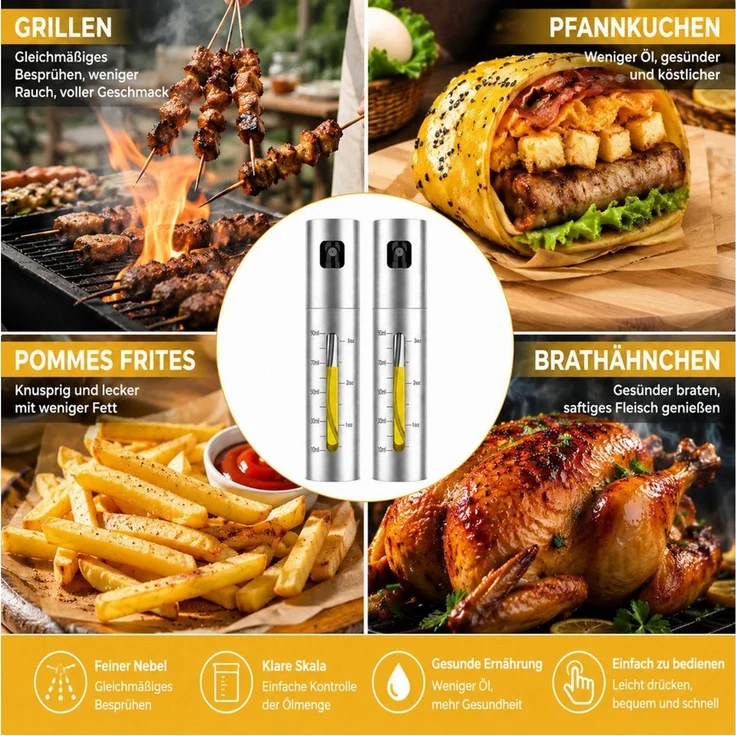ibettertec Ölspender Edelstahl Ölspender 2er Set 100ml, Öl Sprüher mit Messskala, (Hochwertiger Ölzerstäuber aus Edelstahl, rostfrei und langlebig, 2-tlg, für Küche, BBQ, Backen und Salate), mit 1 Ölpinsel, 1 Trichter und 1 Reinigungsbürste, für Öl – Bild 3