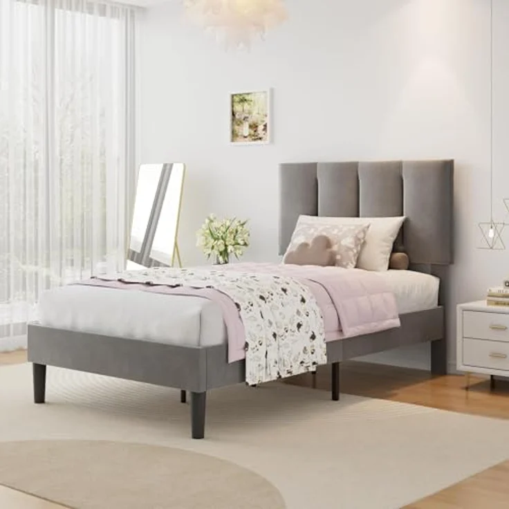VECELO 2er-Set Polsterbett 90x200 cm, Einzelbett mit Samt-Kopfteil und Lattenrost, hautfreundlich, aus legiertem Stahl, ohne Matratze, Grau – Bild 3