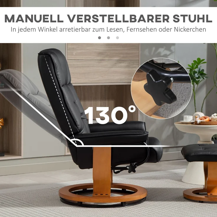 HOMCOM Relaxsessel mit Hocker, Kunstleder, Holz, Schwarz, 76L x 85B x 104H cm – Bild 4