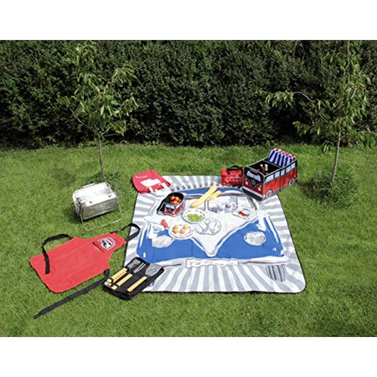 BRISA VW Collection - Volkswagen Picknickdecke 200x150 cm Wasserdicht Wärmeisoliert Fleece Garten Outdoor Stranddecke mit Tragetasche (Samba Stripes/Blau) – Bild 7