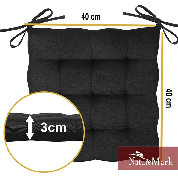 NatureMark 4er Set Stuhlkissen mit Bändern Gr. 40x40 cm Sitzkissen gefüllt, Schwarz – Bild 2