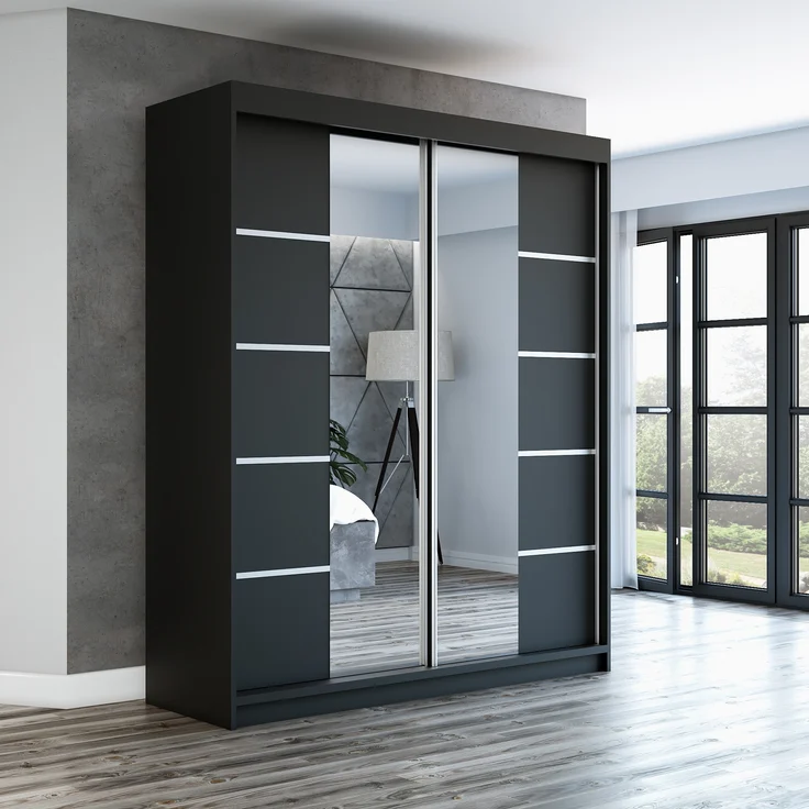 Schwebetürenschrank ERA 2-türig Schrank 180 cm (mit Spiegel) Farbe: Schwarz – Bild 2