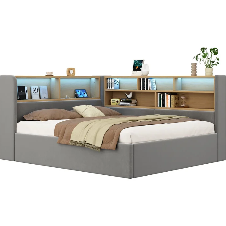 Daybett 140x190 cm mit hydraulischem Stauraum, Polsterbett, Tagesbett, Schlafsofa mit LED, USB & Rückenlehne, Samt, grau – Bild 8