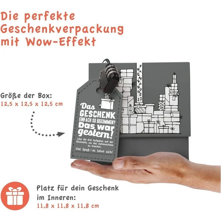 SURPRISA Geschenkbox Rätzel Geschenkbox, Geldgeschenk Verpackung & Gutschein Geschenk Box (inkl. 3-stelligem Zahlenschloss), Geschenkkarton Geschenkrätsel, 12,5 x 12,5 x 12,5 cm, grau – Bild 2