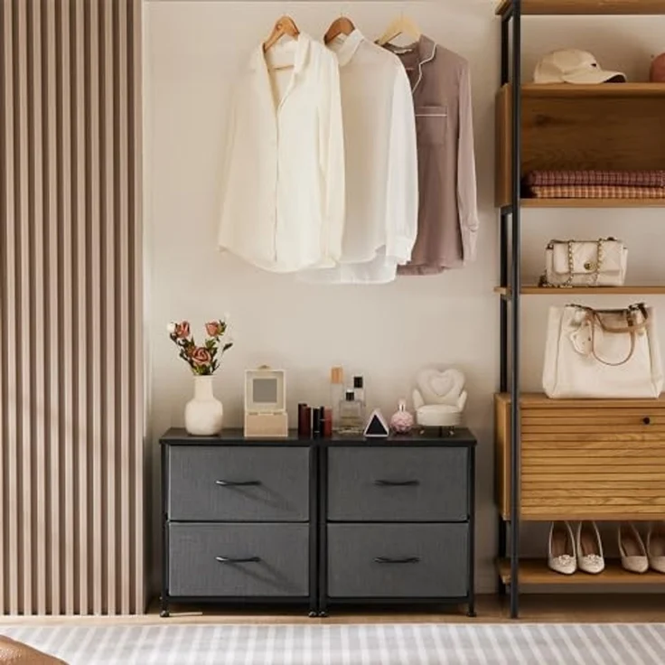 DUMOS Kommode für Schlafzimmer mit 2 Stoffschubladen, hohe Kommode Organizer für Kleidung, Schrank Kinderzimmer, Aufbewahrungsturm mit Schrank, Metallrahmen, Holzplatte, leichte Kinderzimmermöbel – Bild 7