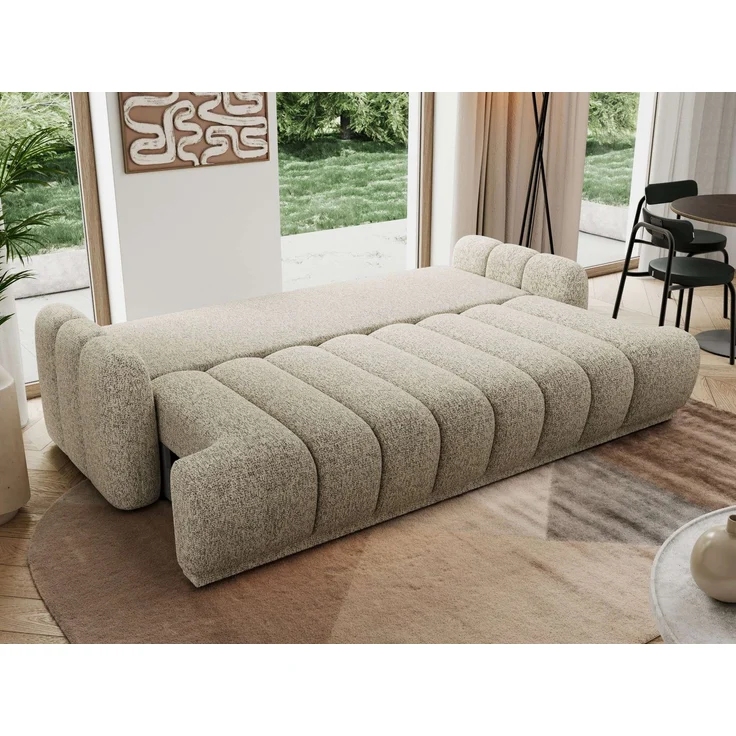 Schlafsofa ACCORDO 3-Sitzer mit Schlaffunktion, DL-Mechanismus, Wellenfederung & Massivholz, freistehend rundum bezogen - Dunkelbeige Strukture – Bild 5
