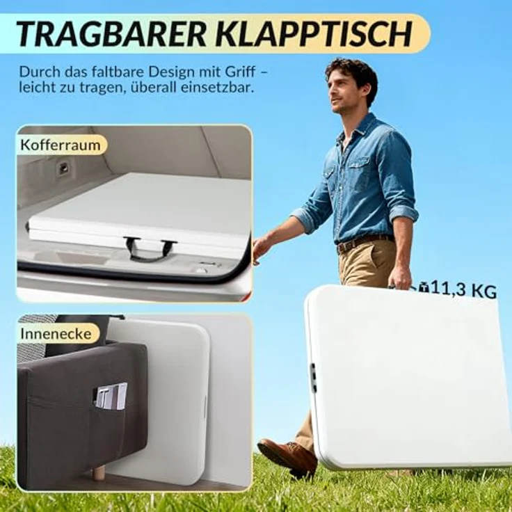 Velway Buffettisch Gartentisch klappbar mit Koffergriff - 180 x 74 x 74 cm Wetterfest Kunststoff Klapptisch Leicht zu Reinigen für Garten Terrasse Balkon Camping Partytisch Campingtisch - Weiß – Bild 7