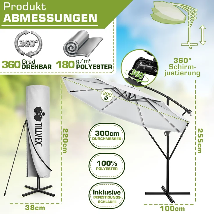 tillvex Alu Ampelschirm Grau LED Solar Ø 300 cm mit Kurbel | Sonnenschirm mit An-/Ausschalter | Gartenschirm UV-Schutz Aluminium | Kurbelschirm mit Ständer Marktschirm wasserdicht – Bild 2