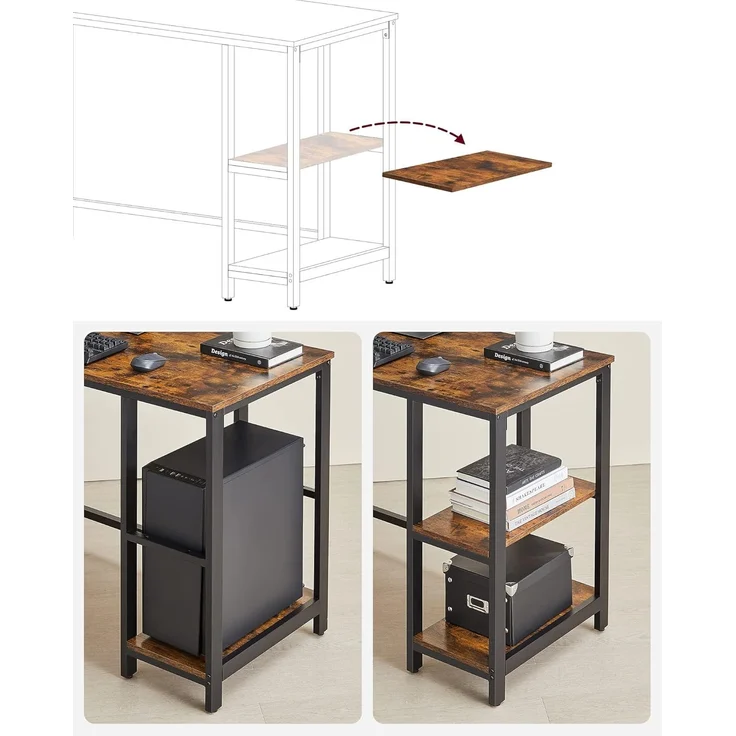 VASAGLE L-förmiger Eckschreibtisch mit 2 Ablagen, Industrie-Design, Vintagebraun/Schwarz, 138x138x76cm – Bild 5