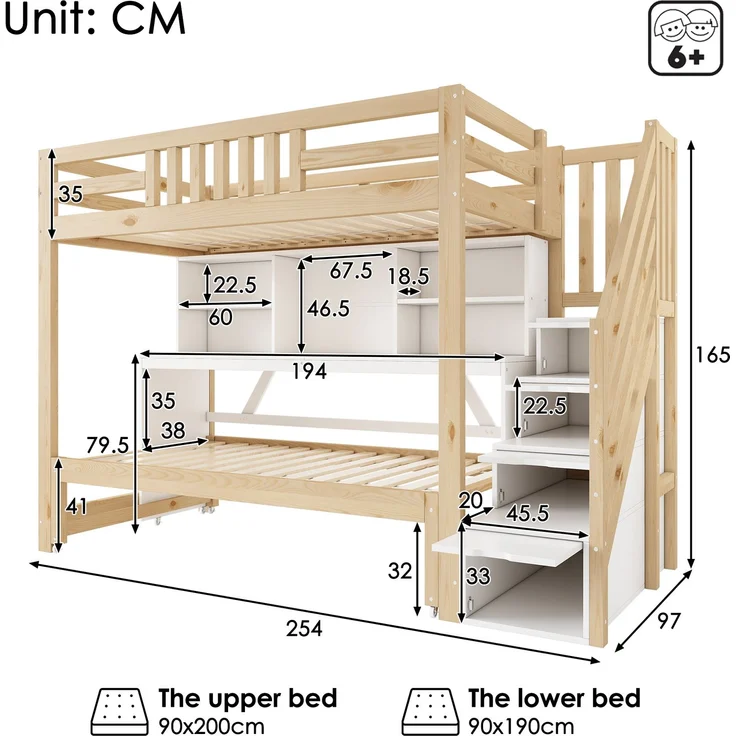 Hochbett Liegefläche 90/200 + 90/190 cm mit Ausziehbett, Schreibtisch, Regal, Weiß/Eiche, ohne Matratze – Bild 5