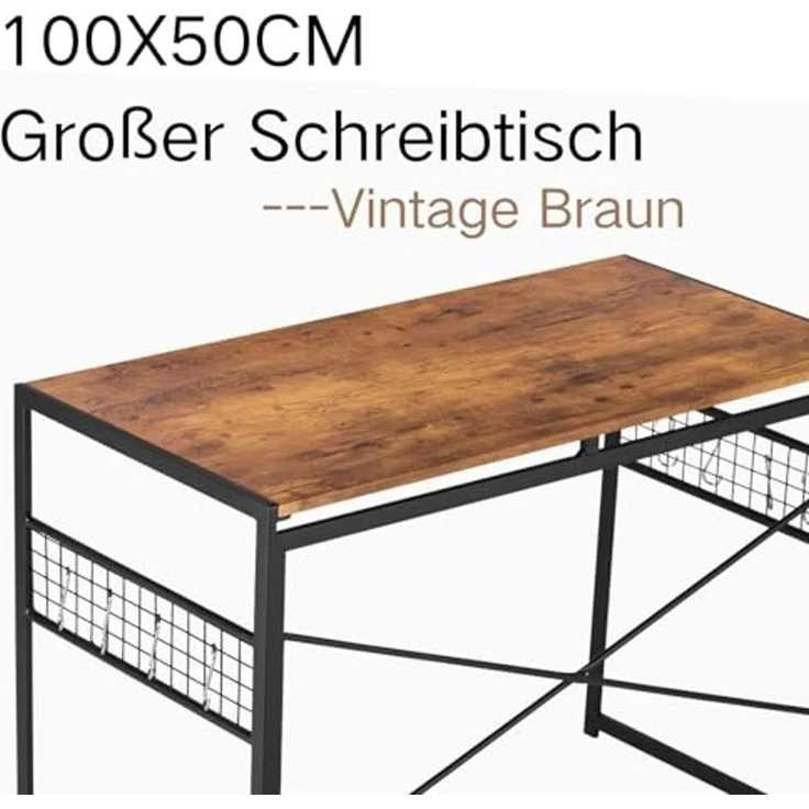 FurnitureR Multifunktionstisch Klappbar 100x50 cm - Universal Tisch mit Stahlrahmen, Haken & Gitter, 50kg, faltbar 5,5cm (Braun Holzoptik) – Bild 4