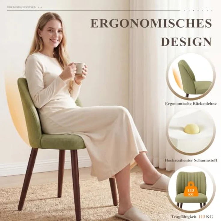 MALOL Esszimmerstühle 2er Set, Polsterstühl mit Rückenlehne, Ergonomisch Gepolsterte Küchenstühle mit vertikaler Rillenlehne, Moderne Esszimmer Stühle für Esstisch Wohnzimmer Café Restaurant, Grün – Bild 4