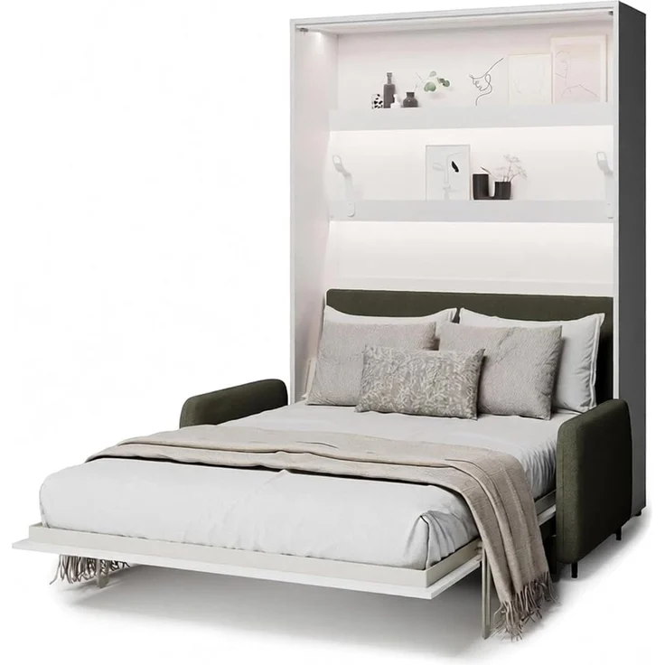 MEBLINI Elektrisches Schrankbett BC-36 - 140x200cm Vertikal - Weiß Matt - Sofa und Kopfteil Grün - Wandbett mit Lattenrost, Matratze, Sofa und Kopfteil - Wandklappbett – Bild 1