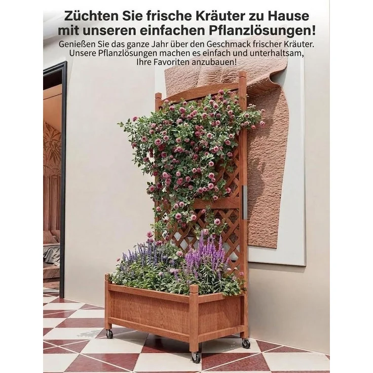 GarveeMore Blumenkasten 1/2 Stk Erhöhtes hochbeet mit Abflusslöchern und feststellbaren Rollen (1 St), Pflanzkasten aus Holz mit Rankgitter,75x66x156cm für Garten,Balkon – Bild 4