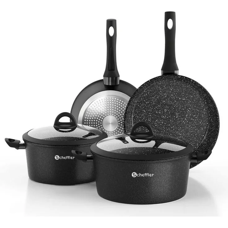 Scheffler Topf-Set Induktions Töpfe Set Schwarze Antihaftbeschichtung mit Glasdeckel, Aluminium (Set, 4-tlg, Ø24 4,4L/Ø28 6,5L Töpfe,24 5,8cm/28 6,8cm Pfanne), Induktionsgeeignet