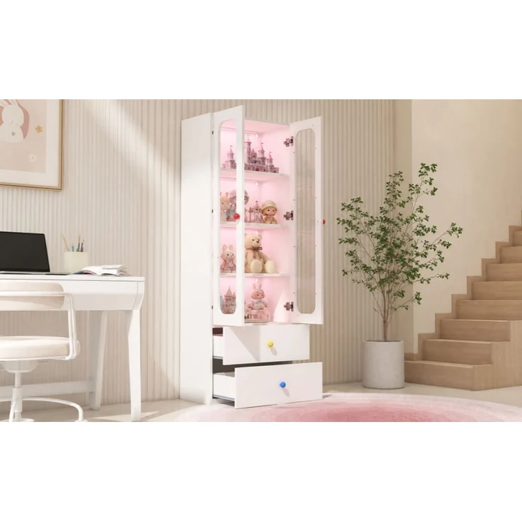 ZUBALIYA Glasvitrine, Aktenschrank, Sammelfiguren-Vitrine, 4 Ebenen Spielzeugschrank mit 2 Schubladen, RGB-LED-Beleuchtung per App steuerbar, Kindermöbel, bunte kugelförmige Keramikgriffe, weiß, 60x35x170 cm – Bild 24