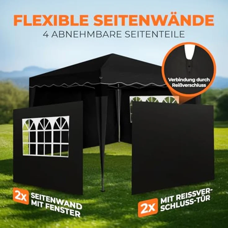Faltpavillon 3x3 m - wasserdicht - mit 4 Seitenteilen, schwarz – Bild 7