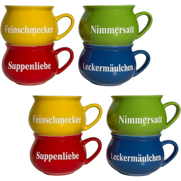BURI Suppentassen 8er-Set aus Keramik | Bunte Henkel-Schüsseln mit Sprüchen | 400 ml | Spülmaschinenfest & mikrowellengeeignet | Mediterraner Stil