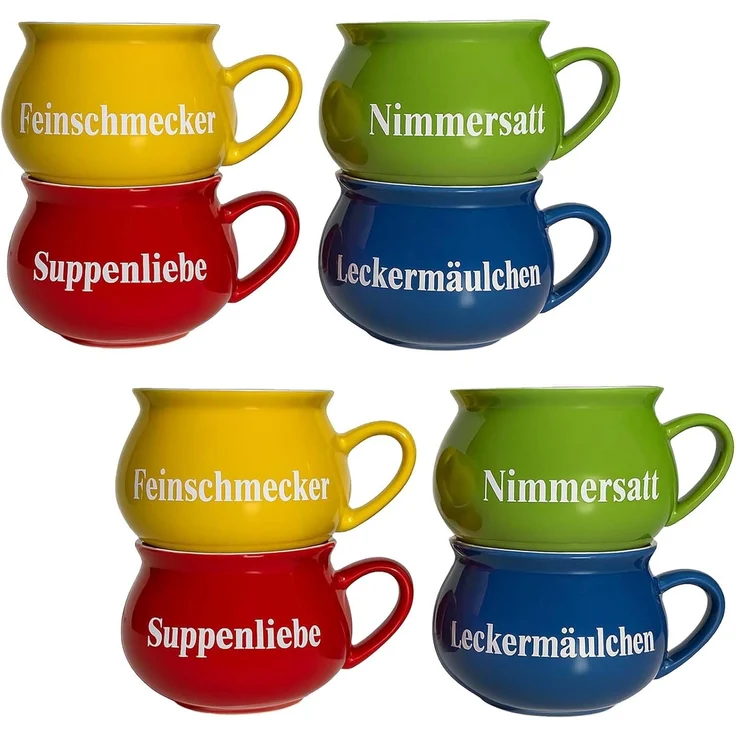 BURI Suppentassen 8er-Set aus Keramik | Bunte Henkel-Schüsseln mit Sprüchen | 400 ml | Spülmaschinenfest & mikrowellengeeignet | Mediterraner Stil