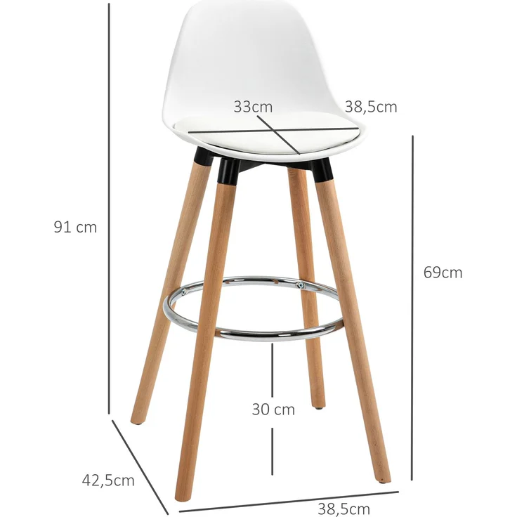 2er-Set Barhocker Küchenhocker Barstuhl mit Fußstützen Kunstleder Weiß 38,5 x 42,5 x 91 cm für Esszimmer Küche--Weiß--38.5x42.5x91cm--YOUDENOVA – Bild 3