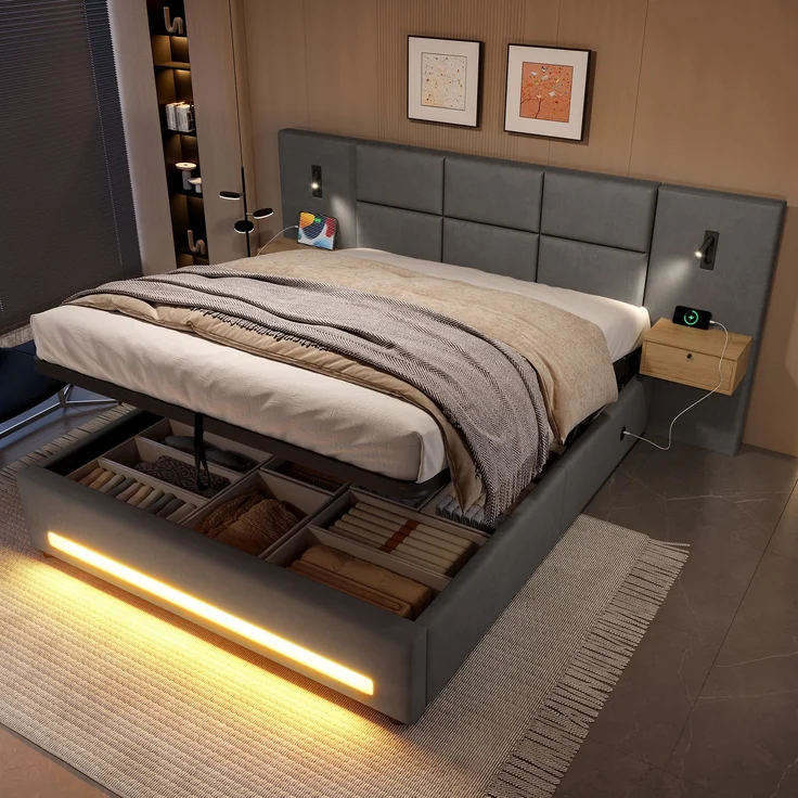 TavilaEcon Boxspringbett mit Samtkopfteil, praktischen Stauschubladen und LED-Nachtlicht grau Liegefläche 180 × 200 cm – Bild 9