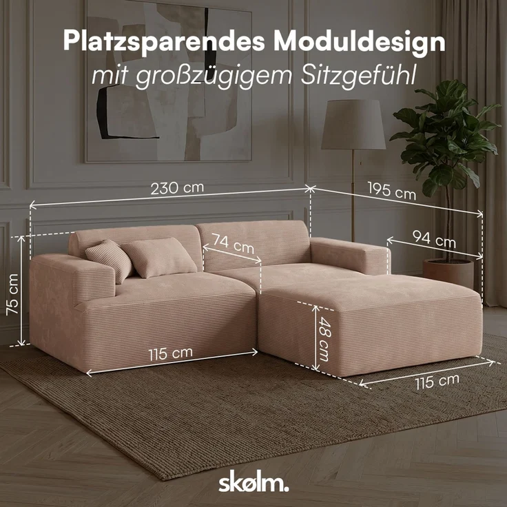 skølm 'Freki' Cloud Sofa 2 Sitzer mit Hocker, Vollschaumcouch mit Federkern und Vakuum-Kompression, kein Aufbau erforderlich, mit 2 Kissen, Cord taupe – Bild 9