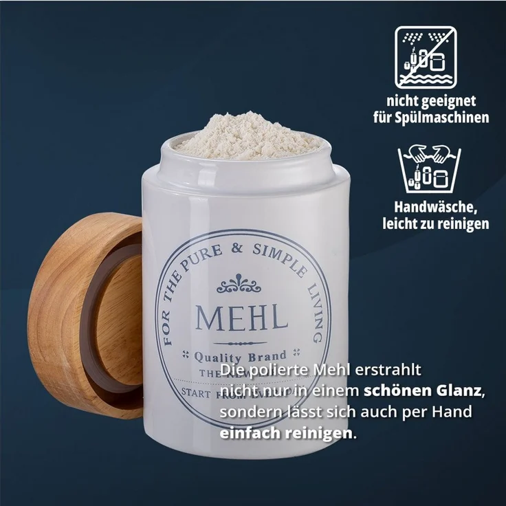 KHG Vorratsdose für Mehl aus Steinzeug mit Akazienholz‑Deckel – im Landhausstil, Steingut, Aufbewahrungsdose für Mehl – schützt Aroma da luftdicht verschließbar – Bild 4