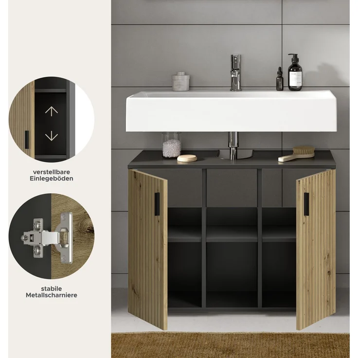 Waschbeckenunterschrank B/H/T: 80x59x30 cm in Basalt Nachbildung und -- – Bild 7