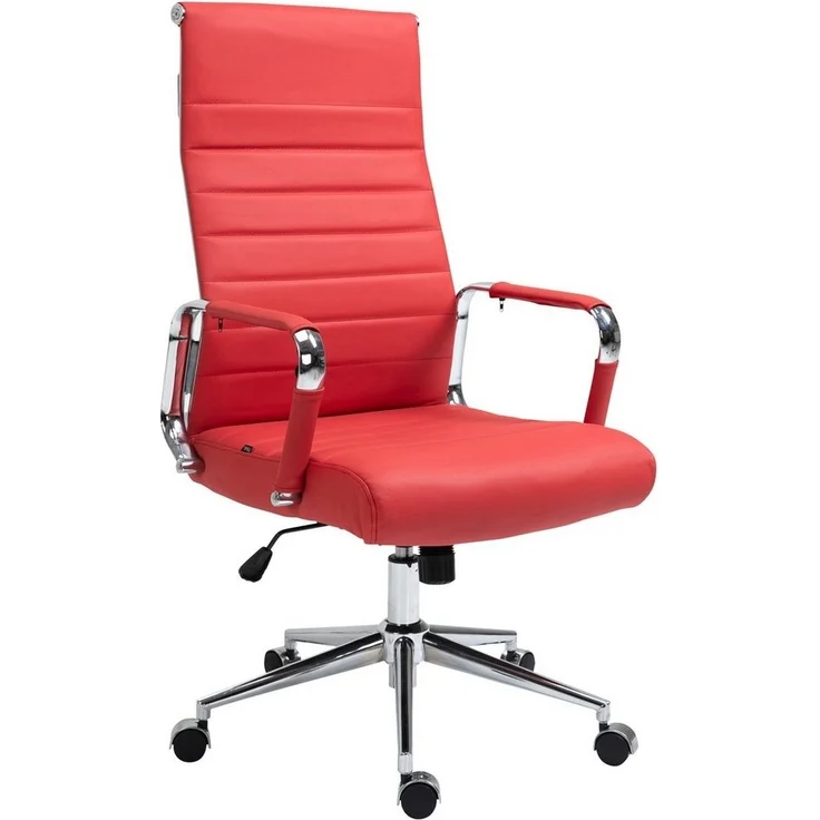 TPFLiving Bürostuhl Koro mit bequemer Rückenlehne - höhenverstellbar und 360° drehbar (Schreibtischstuhl, Drehstuhl, Chefsessel, Bürostuhl XXL), Gestell: Metall chrom - Sitz: Echtleder rot – Bild 5