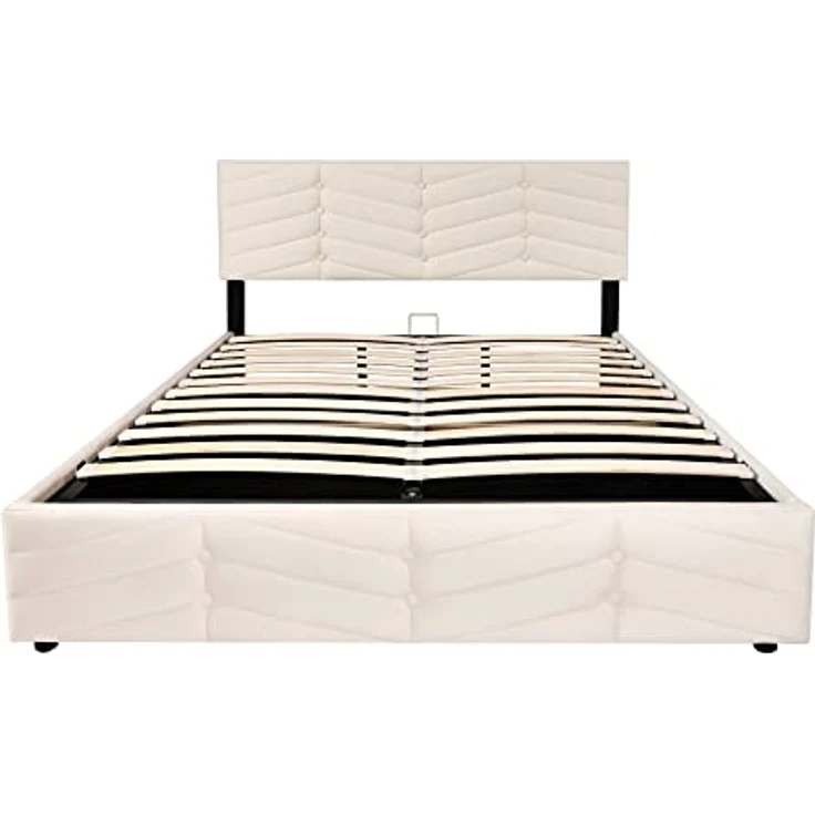 FAVSH Polsterbett 140x200 cm, Hydraulisch Doppelbett mit Lattenrost und Bettkasten, Streifen-Stil, Continentalbett, Samt Continentalbett, für Erwachsene&Jugendliche, ohne Matratze, Beige – Bild 4