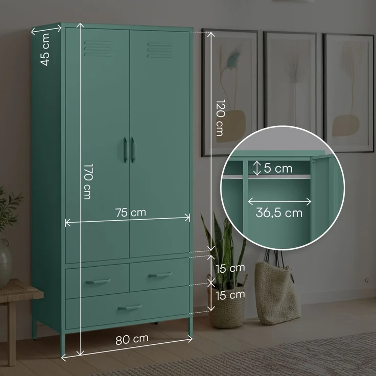 skølm 'Atria' Kleiderschrank mit 3 Schubladen, Metall, 170x45x80 cm, dunkelgrün, Garderobe mit 4 Fächern und 2 Kleiderstangen – Bild 7