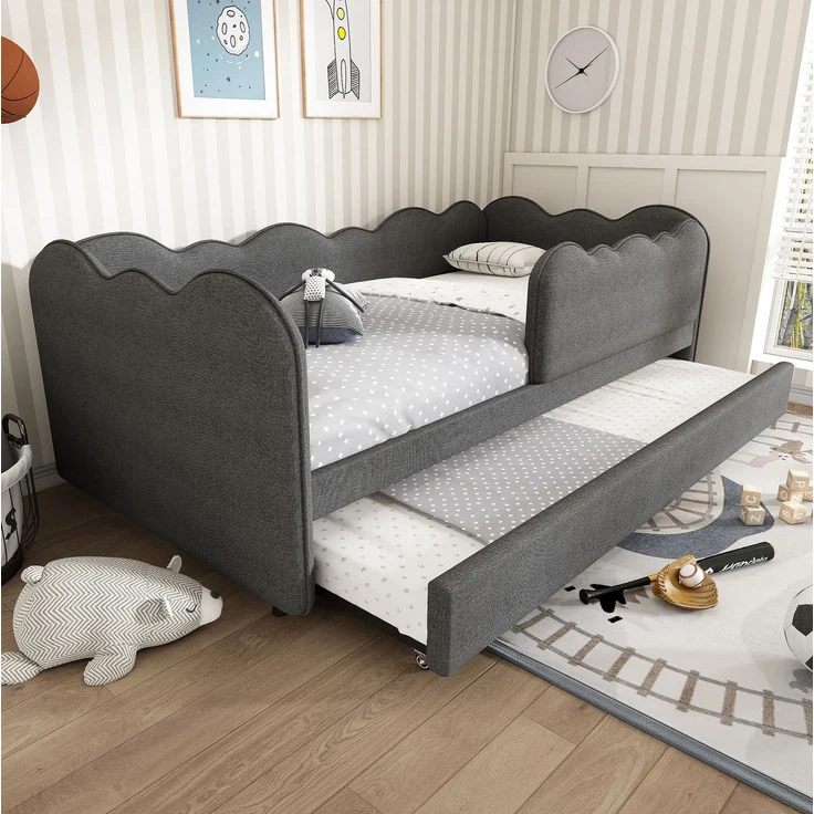 CHICFURN Ausziehbett 90/180x190 cm Leinen Grau mit Ausziehbett und abnehmbarer Frontbegrenzung – Bild 1
