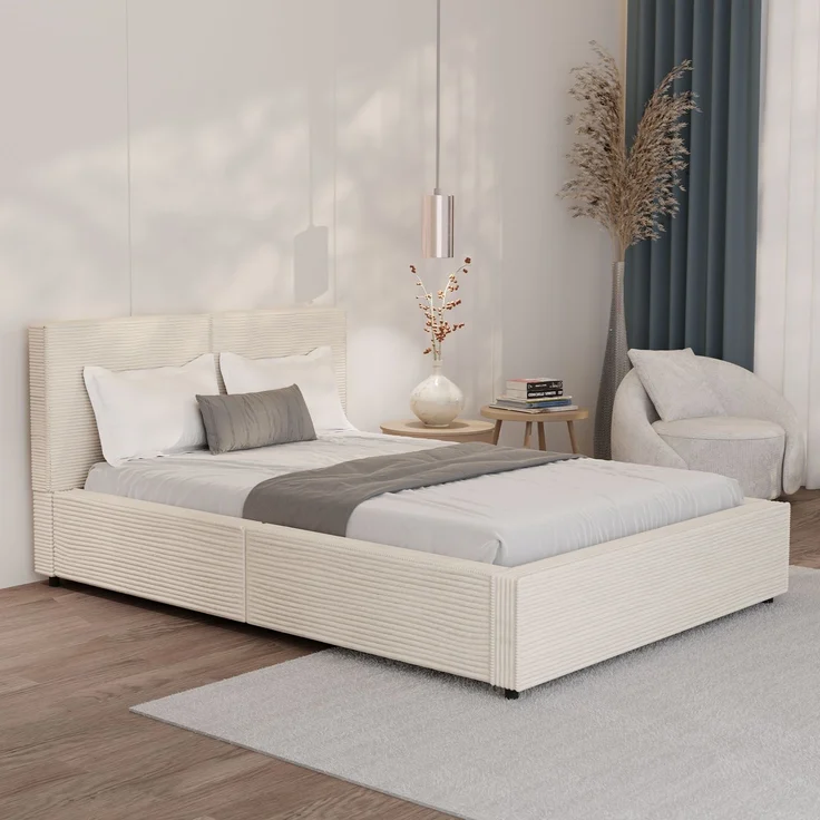 Juskys Polsterbett Salerno 140 x 200 cm – Cord Beige, modernes Bett mit Kopf- & Fußteil, stabilem Holz- & Metallrahmen, Lattenrost, 500 kg Tragkraft – Bild 1