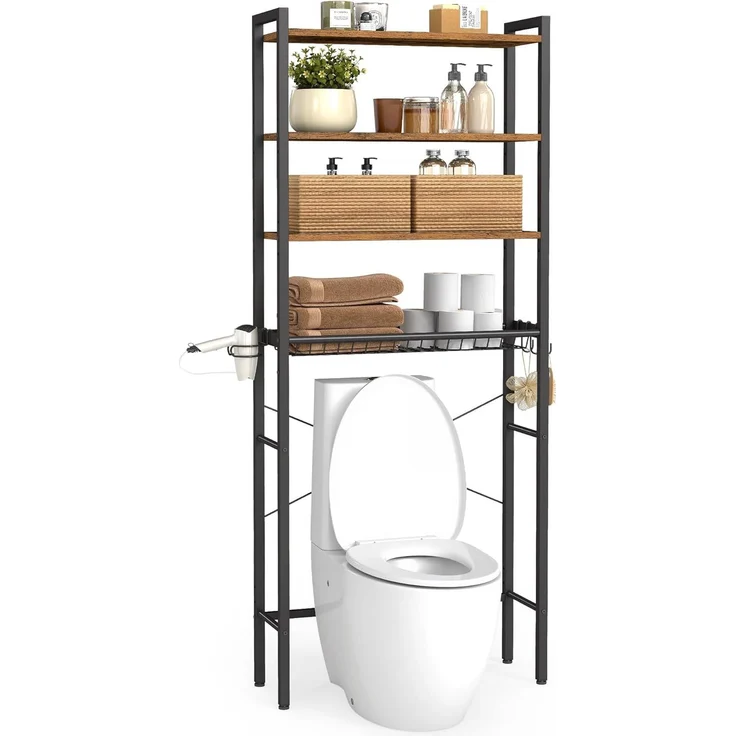 VASAGLE Toilettenregal, Badezimmerregal mit verstellbaren Ablagen und Gitterkorb, WC-Regal mit Föhnhalter, 3 Haken, platzsparend, 24 x 60 x 173 cm – Bild 1